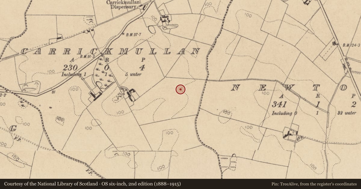 Ordnance Survey six-inch map, 2nd edition (1888–1915) covering the location of Enclosure, Carrickmullan, County Louth, with a pin at the register's coordinates
