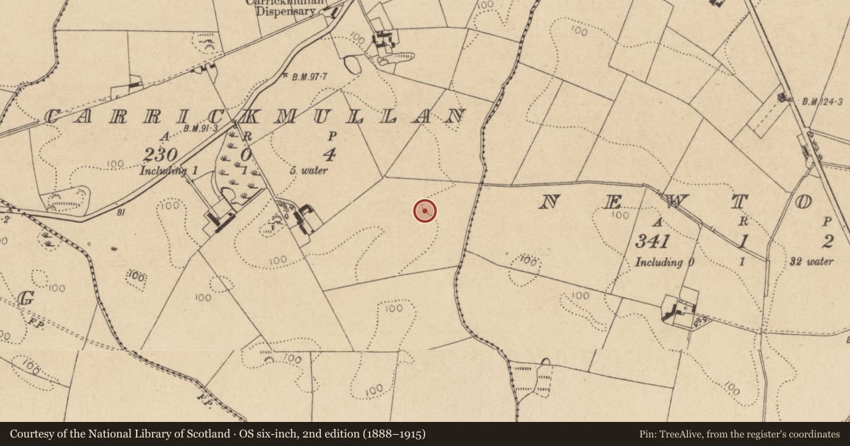 Ordnance Survey six-inch map, 2nd edition (1888–1915) covering the location of Souterrain, Carrickmullan, County Louth, with a pin at the register's coordinates