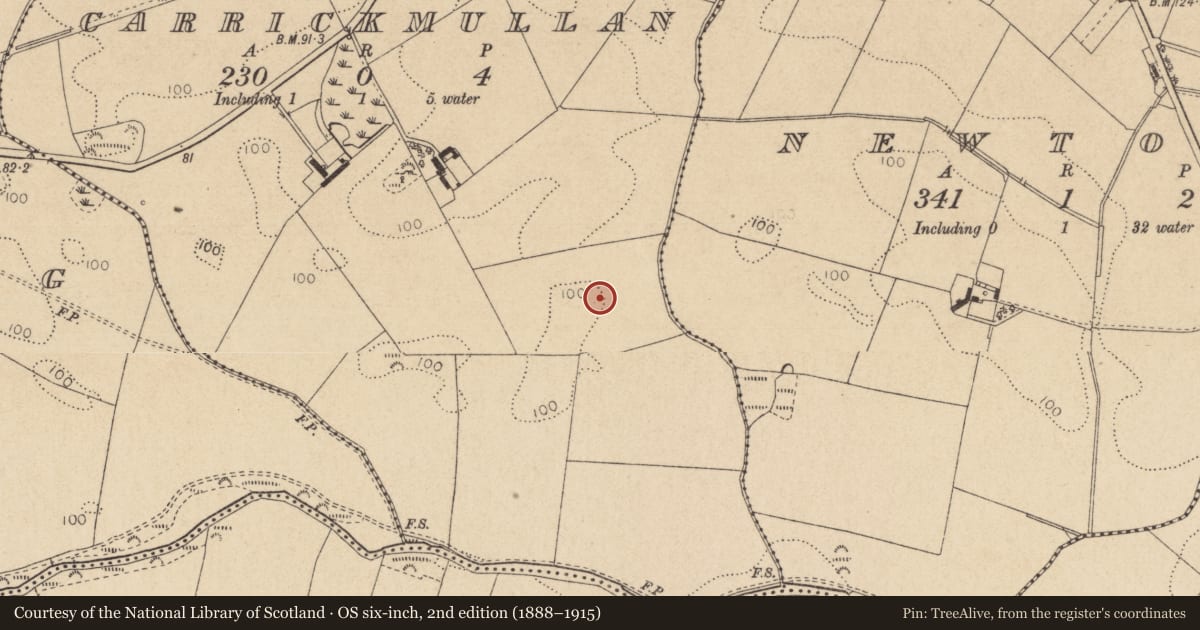 Ordnance Survey six-inch map, 2nd edition (1888–1915) covering the location of Enclosure, Carrickmullan, County Louth, with a pin at the register's coordinates