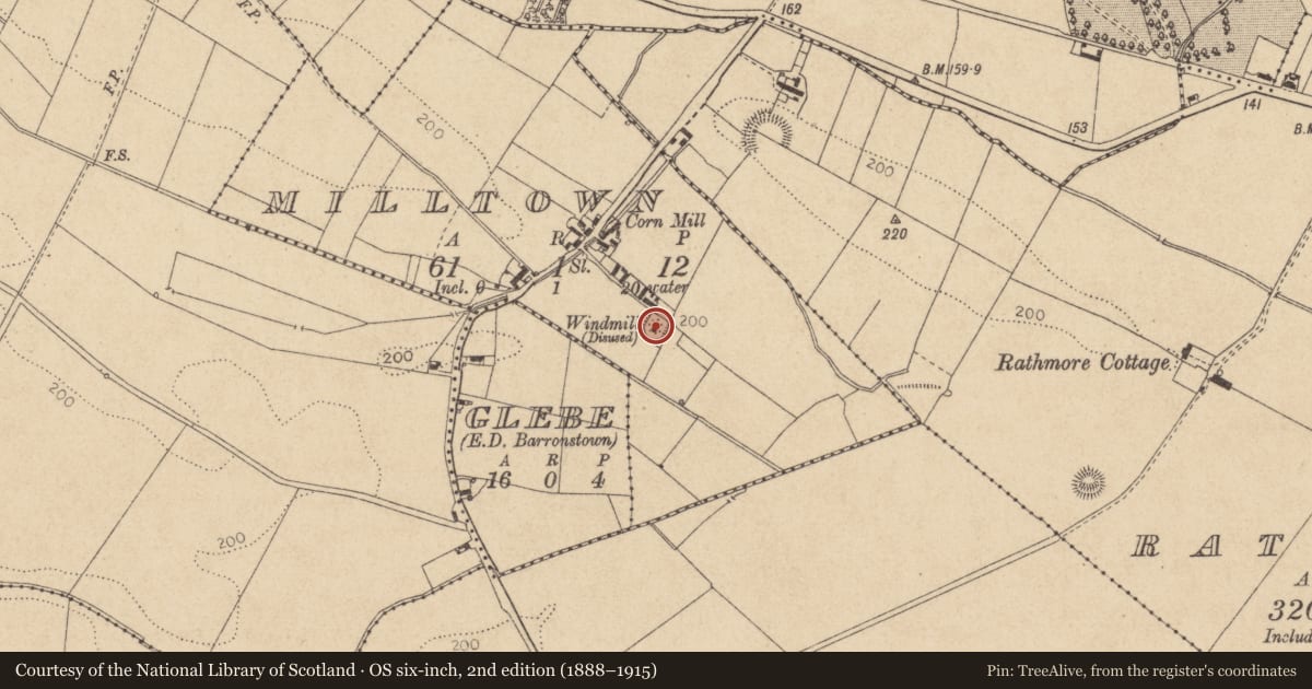 Ordnance Survey six-inch map, 2nd edition (1888–1915) covering the location of Windmill, Milltown, County Louth, with a pin at the register's coordinates