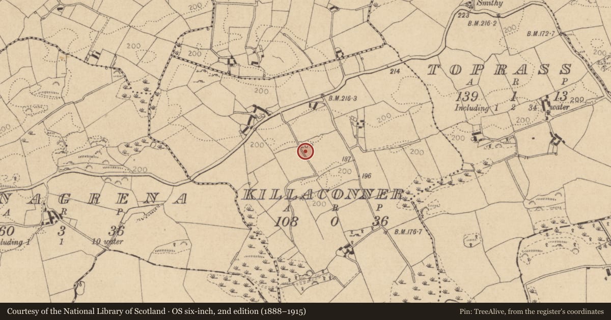 Ordnance Survey six-inch map, 2nd edition (1888–1915) covering the location of Church, Killaconner, County Louth, with a pin at the register's coordinates