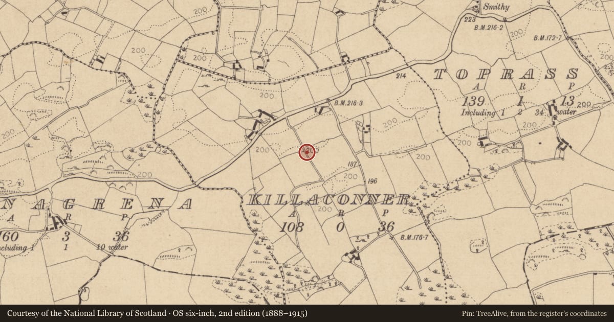Ordnance Survey six-inch map, 2nd edition (1888–1915) covering the location of Graveyard, Killaconner, County Louth, with a pin at the register's coordinates