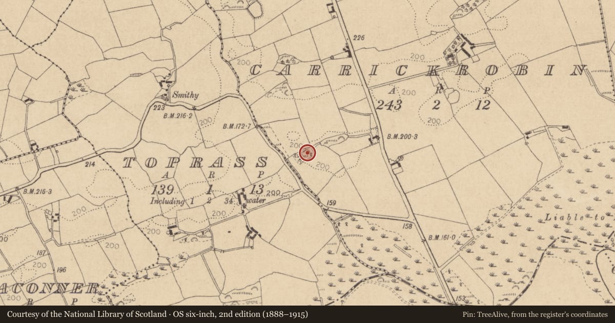 Ordnance Survey six-inch map, 2nd edition (1888–1915) covering the location of Mass-rock, Carrickrobin, County Louth, with a pin at the register's coordinates