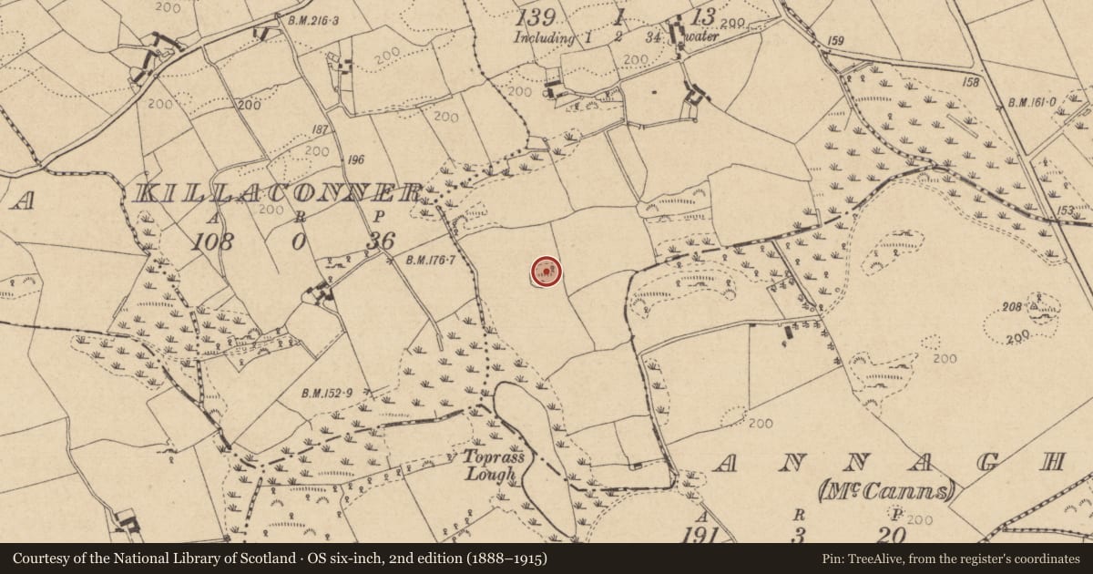 Ordnance Survey six-inch map, 2nd edition (1888–1915) covering the location of Hut site, Toprass, County Louth, with a pin at the register's coordinates