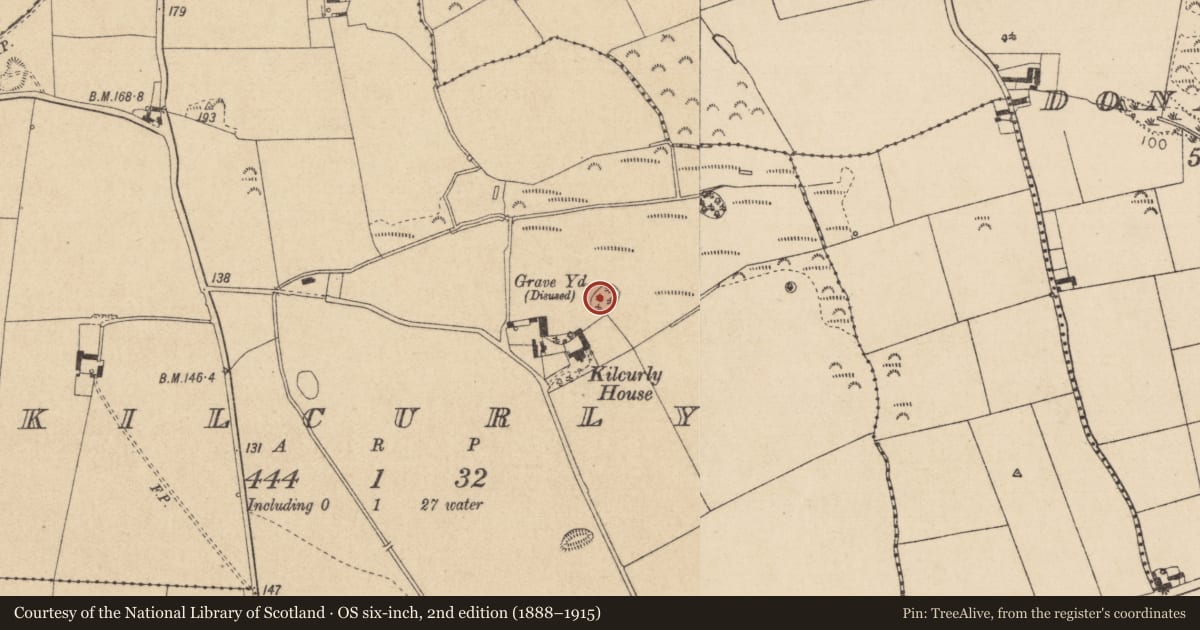 Ordnance Survey six-inch map, 2nd edition (1888–1915) covering the location of Burial ground, Kilcurly, County Louth, with a pin at the register's coordinates