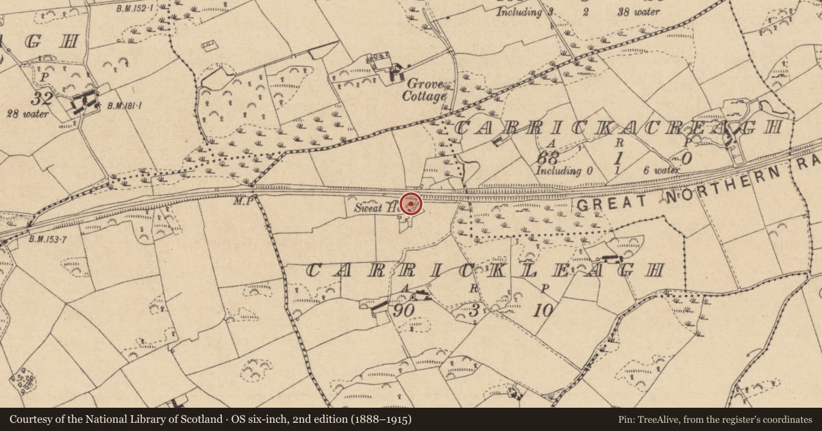 Ordnance Survey six-inch map, 2nd edition (1888–1915) covering the location of Sweathouse, Carrickleagh, County Louth, with a pin at the register's coordinates