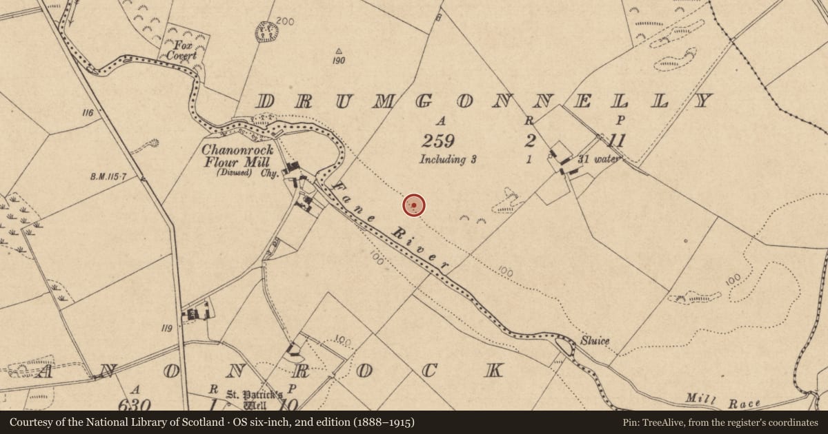 Ordnance Survey six-inch map, 2nd edition (1888–1915) covering the location of Burial ground, Drumgonnelly, County Louth, with a pin at the register's coordinates