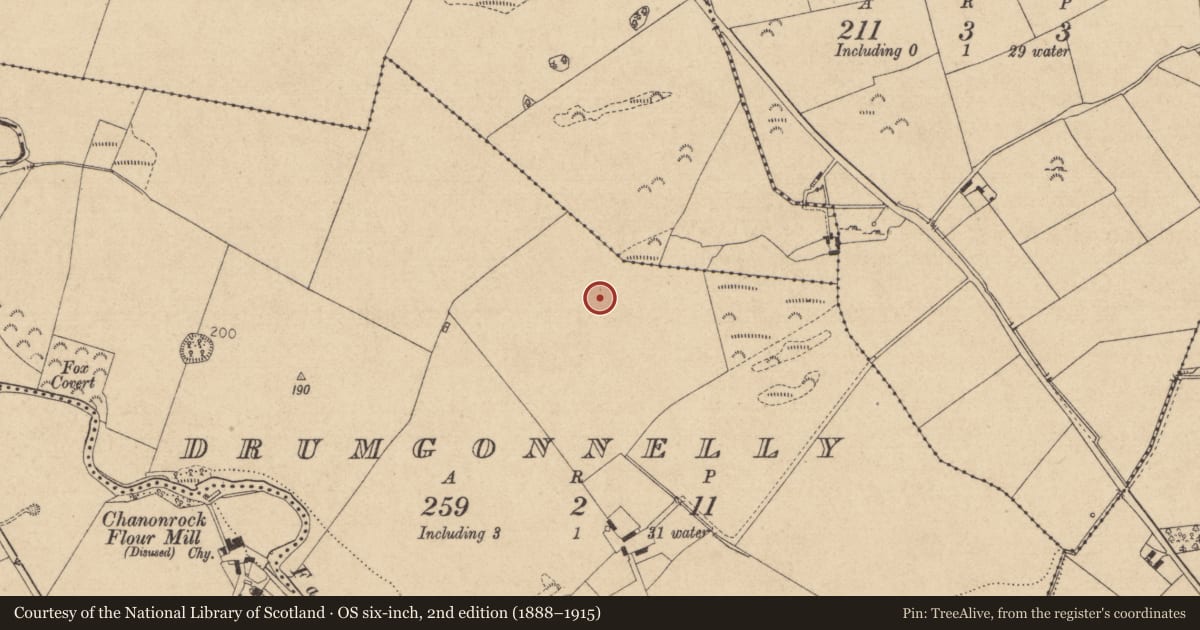 Ordnance Survey six-inch map, 2nd edition (1888–1915) covering the location of Rock art, Drumgonnelly, County Louth, with a pin at the register's coordinates