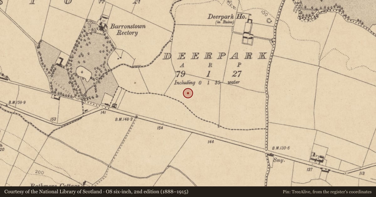 Ordnance Survey six-inch map, 2nd edition (1888–1915) covering the location of Ring-ditch, Deerpark, County Louth, with a pin at the register's coordinates
