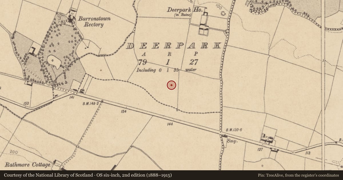 Ordnance Survey six-inch map, 2nd edition (1888–1915) covering the location of Ring-ditch, Deerpark, County Louth, with a pin at the register's coordinates
