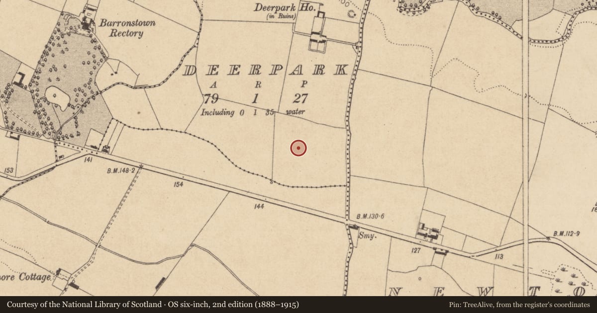 Ordnance Survey six-inch map, 2nd edition (1888–1915) covering the location of Ring-ditch, Deerpark, County Louth, with a pin at the register's coordinates