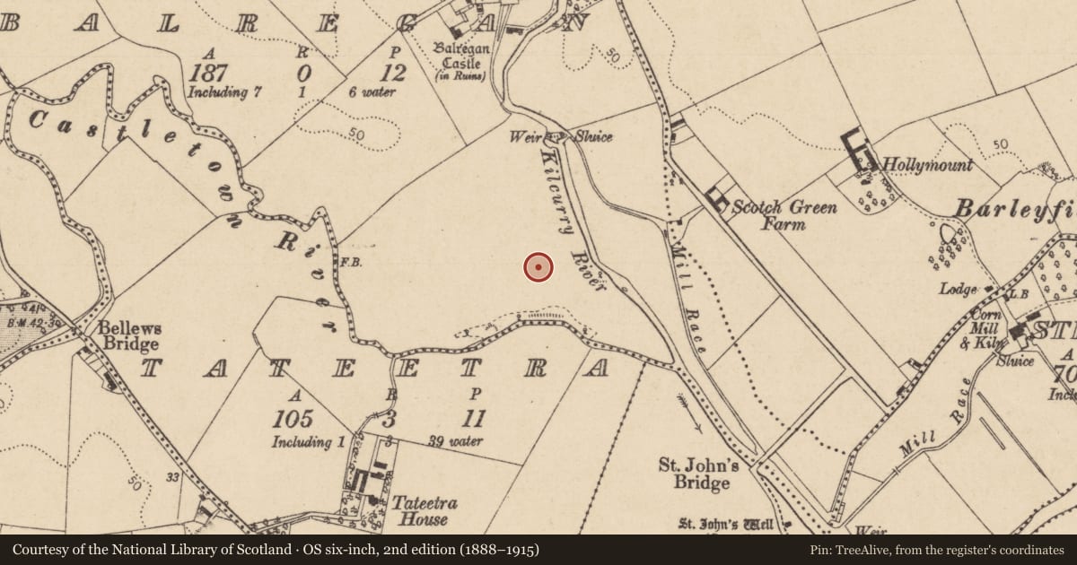 Ordnance Survey six-inch map, 2nd edition (1888–1915) covering the location of Embanked enclosure, Balregan, County Louth, with a pin at the register's coordinates