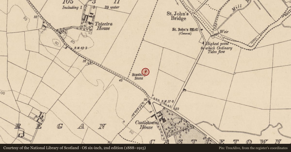 Ordnance Survey six-inch map, 2nd edition (1888–1915) covering the location of Standing stone, Castletown, County Louth, with a pin at the register's coordinates