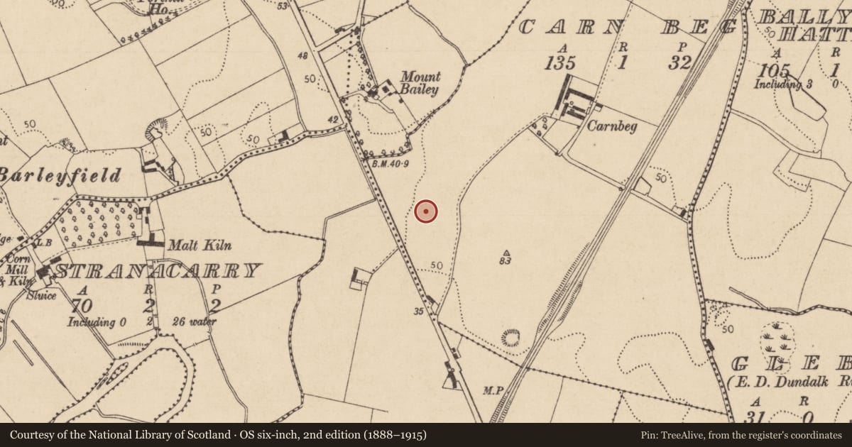 Ordnance Survey six-inch map, 2nd edition (1888–1915) covering the location of Embanked enclosure, Carn Beg, County Louth, with a pin at the register's coordinates