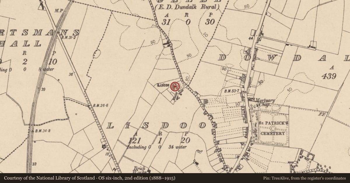 Ordnance Survey six-inch map, 2nd edition (1888–1915) covering the location of Ringfort - rath, Lisdoo, County Louth, with a pin at the register's coordinates