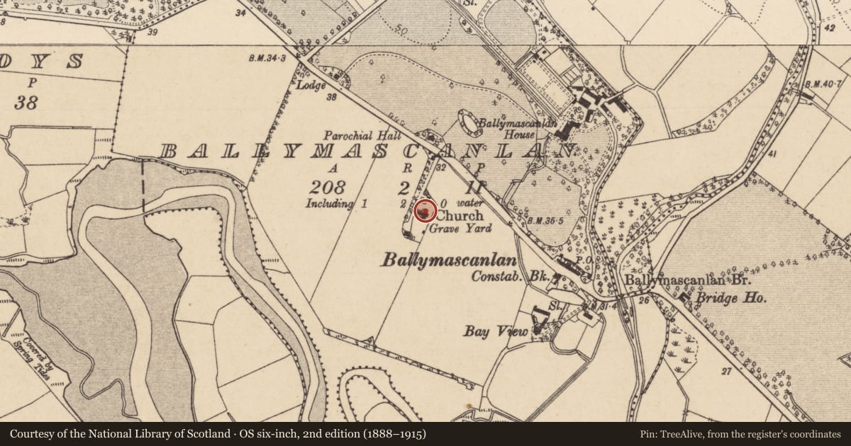 Ordnance Survey six-inch map, 2nd edition (1888–1915) covering the location of Church, Ballymascanlan, County Louth, with a pin at the register's coordinates