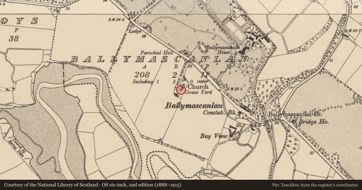Ordnance Survey six-inch map, 2nd edition (1888–1915) covering the location of Graveyard, Ballymascanlan, County Louth, with a pin at the register's coordinates