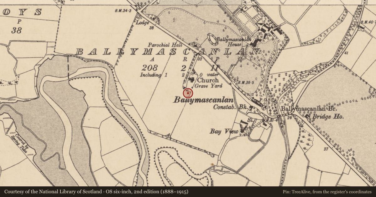 Ordnance Survey six-inch map, 2nd edition (1888–1915) covering the location of Souterrain, Ballymascanlan, County Louth, with a pin at the register's coordinates