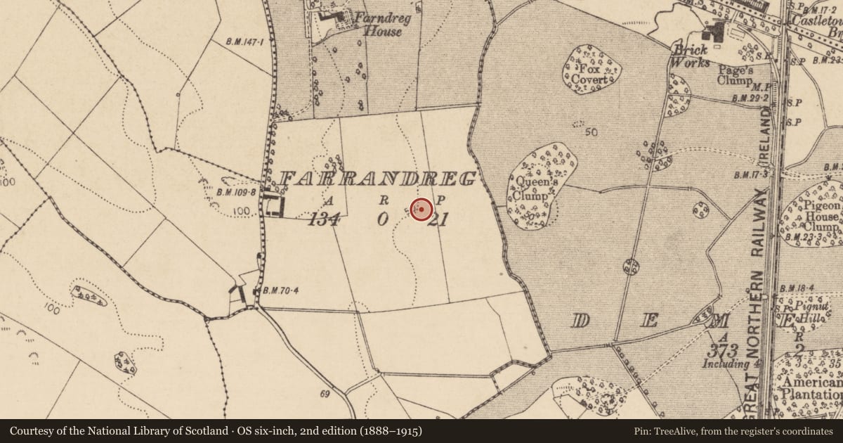 Ordnance Survey six-inch map, 2nd edition (1888–1915) covering the location of Souterrain, Farrandreg, County Louth, with a pin at the register's coordinates