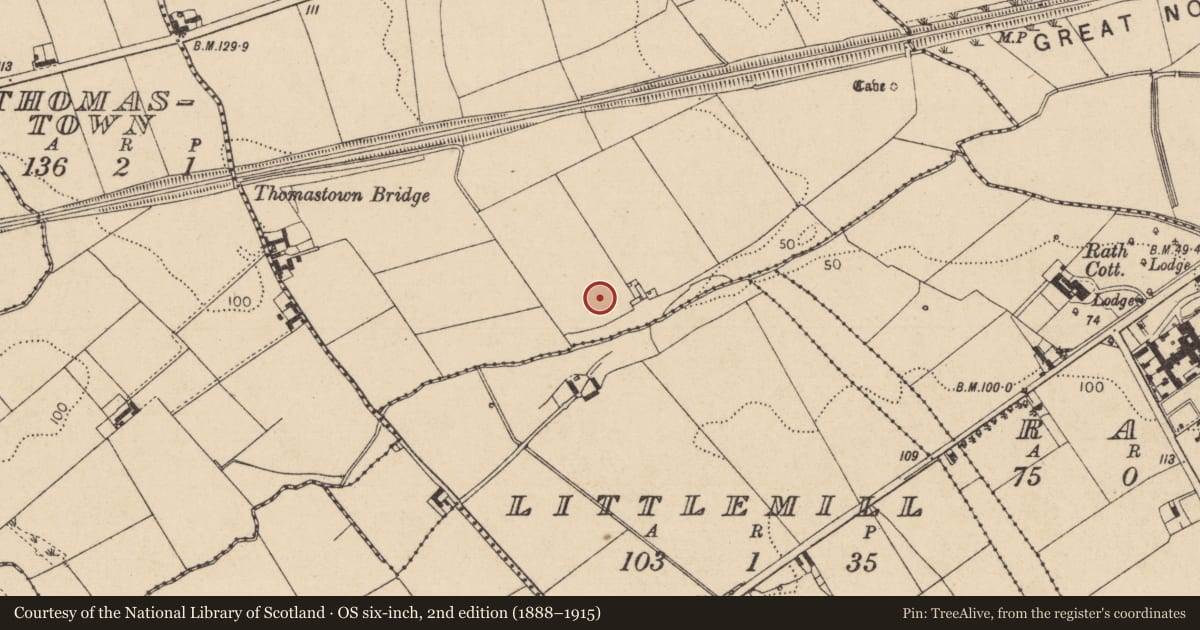 Ordnance Survey six-inch map, 2nd edition (1888–1915) covering the location of Ring-ditch, Donaghmore, County Louth, with a pin at the register's coordinates