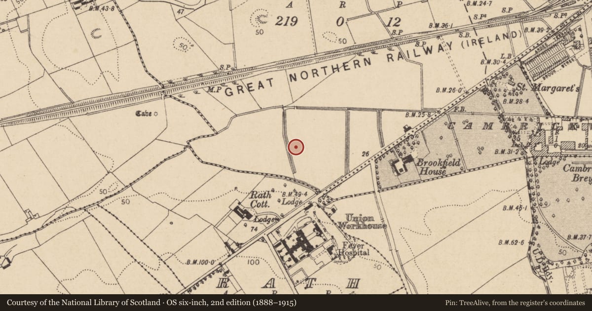 Ordnance Survey six-inch map, 2nd edition (1888–1915) covering the location of Fulacht fia, Mounthamilton, County Louth, with a pin at the register's coordinates