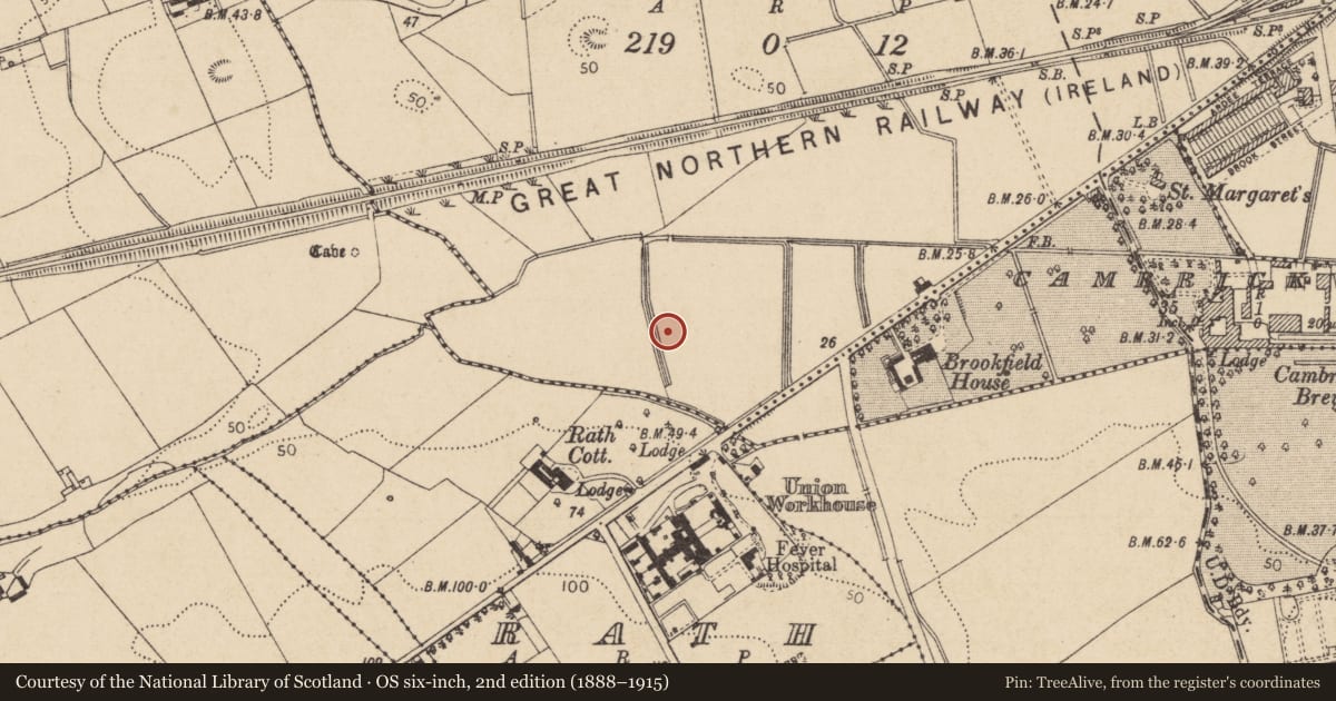 Ordnance Survey six-inch map, 2nd edition (1888–1915) covering the location of Fulacht fia, Mounthamilton, County Louth, with a pin at the register's coordinates