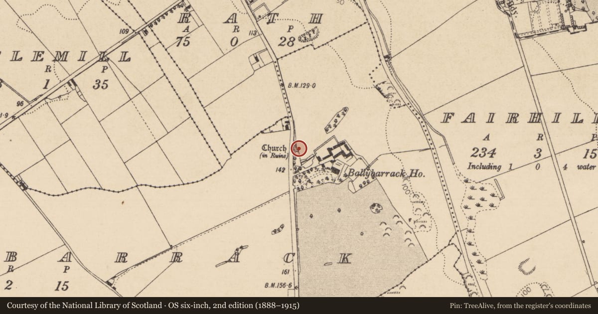 Ordnance Survey six-inch map, 2nd edition (1888–1915) covering the location of Church, Ballybarrack, County Louth, with a pin at the register's coordinates