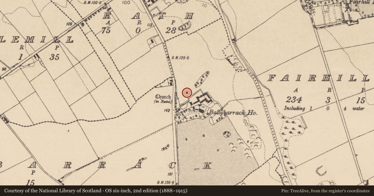 Ordnance Survey six-inch map, 2nd edition (1888–1915) covering the location of Metalworking site, Ballybarrack, County Louth, with a pin at the register's coordinates