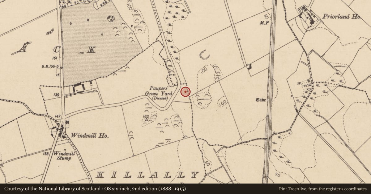 Ordnance Survey six-inch map, 2nd edition (1888–1915) covering the location of Burial ground, Killally, County Louth, with a pin at the register's coordinates