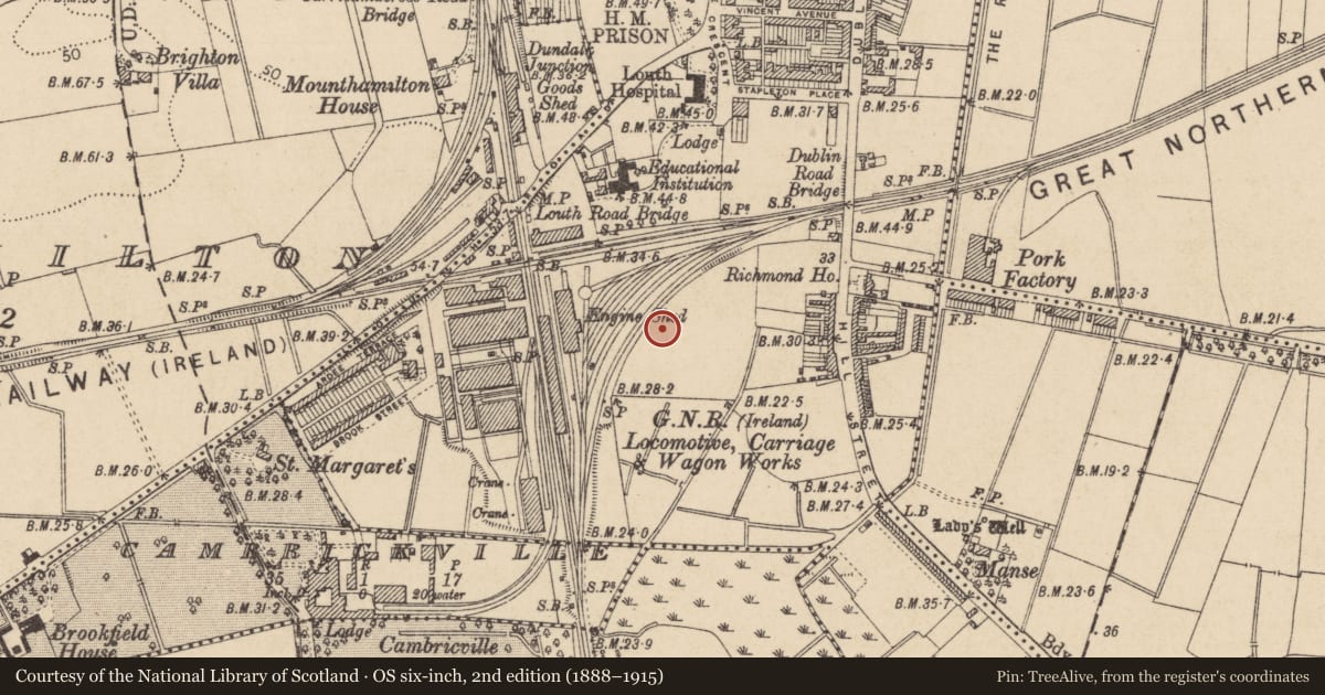Ordnance Survey six-inch map, 2nd edition (1888–1915) covering the location of Cist, Townparks, County Louth, with a pin at the register's coordinates