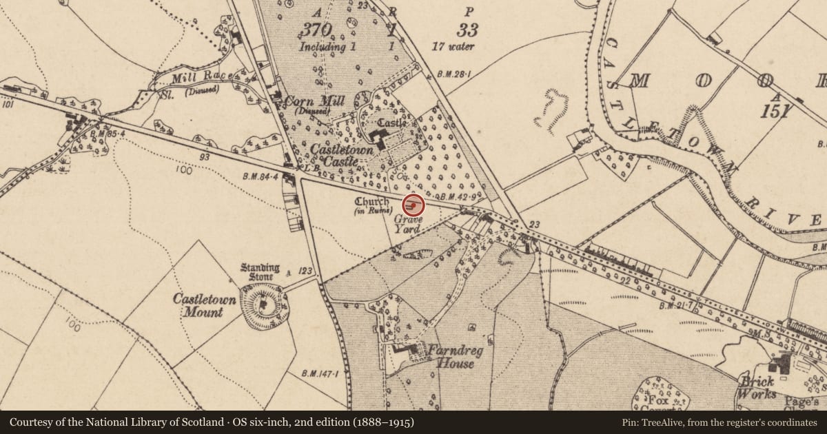 Ordnance Survey six-inch map, 2nd edition (1888–1915) covering the location of Graveslab, Castletown, County Louth, with a pin at the register's coordinates