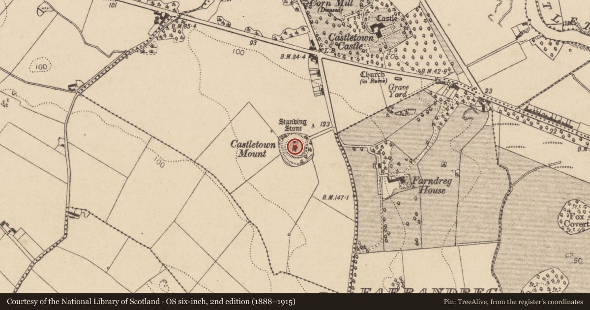 Ordnance Survey six-inch map, 2nd edition (1888–1915) covering the location of Castle - motte and bailey, Castletown, County Louth, with a pin at the register's coordinates