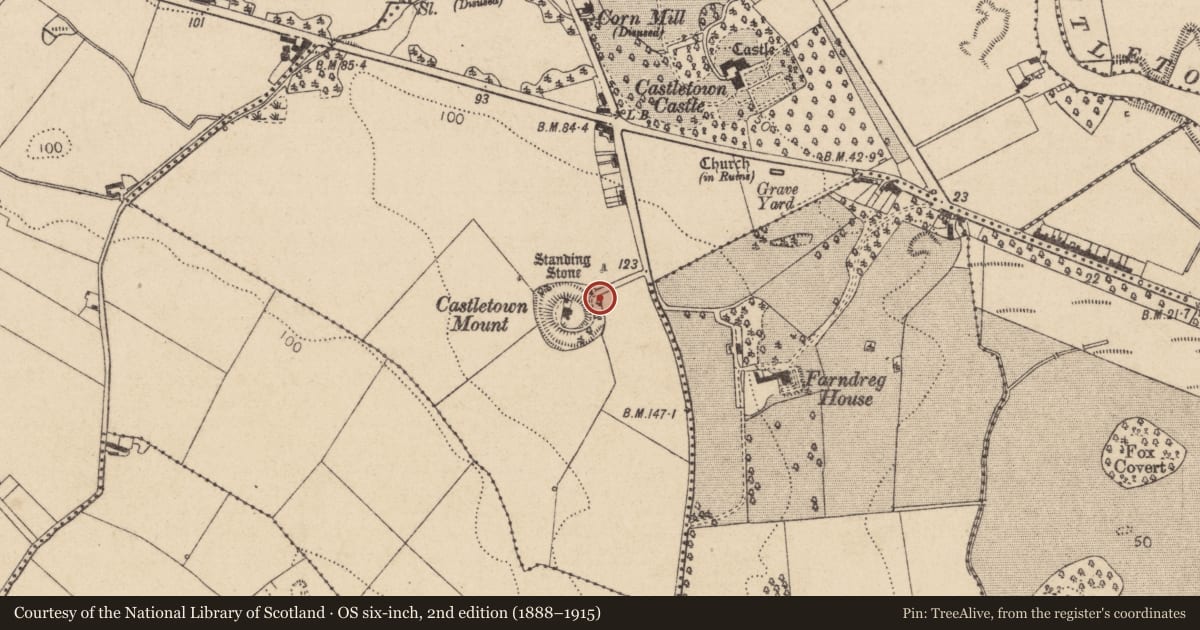 Ordnance Survey six-inch map, 2nd edition (1888–1915) covering the location of Cist (present location), Castletown, County Louth, with a pin at the register's coordinates