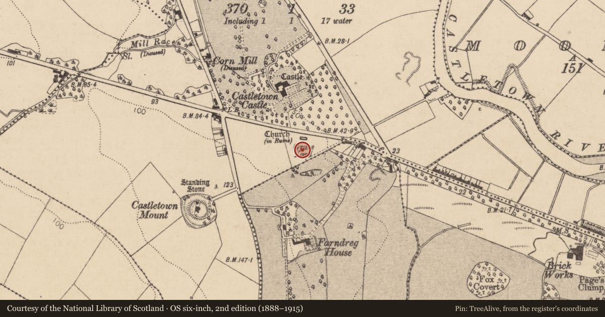 Ordnance Survey six-inch map, 2nd edition (1888–1915) covering the location of Graveyard, Castletown, County Louth, with a pin at the register's coordinates