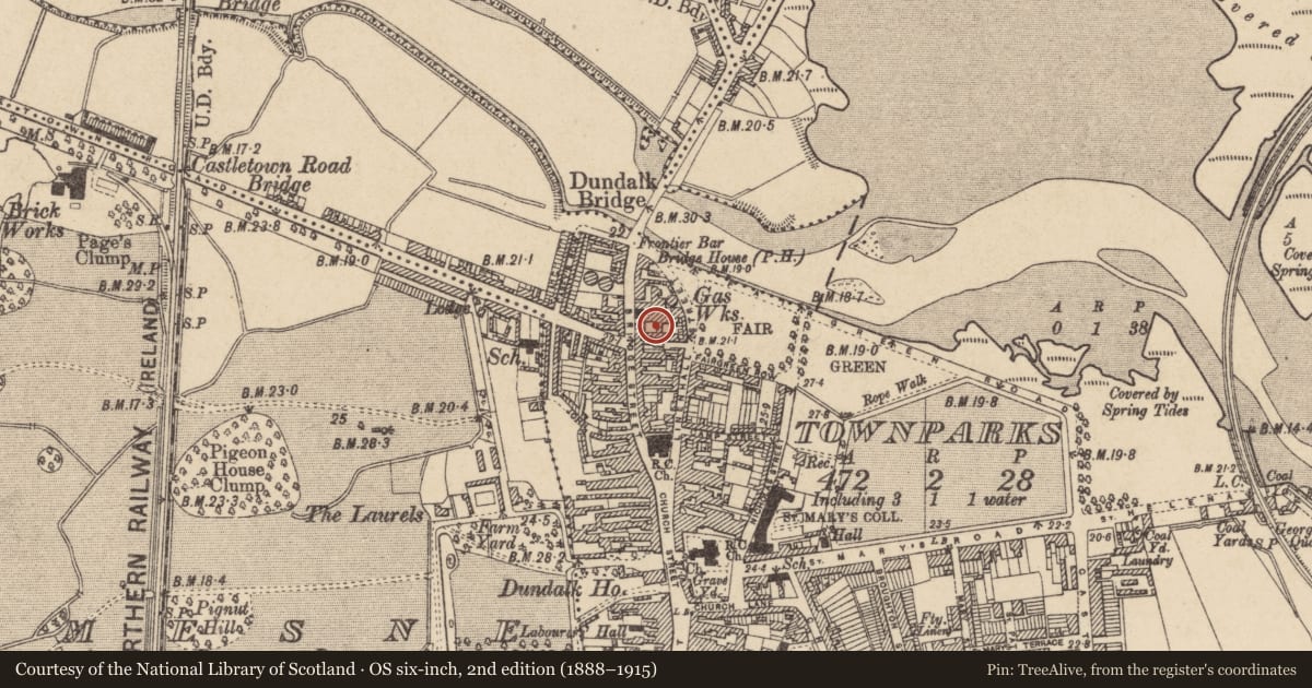 Ordnance Survey six-inch map, 2nd edition (1888–1915) covering the location of Meeting-house, Townparks, County Louth, with a pin at the register's coordinates