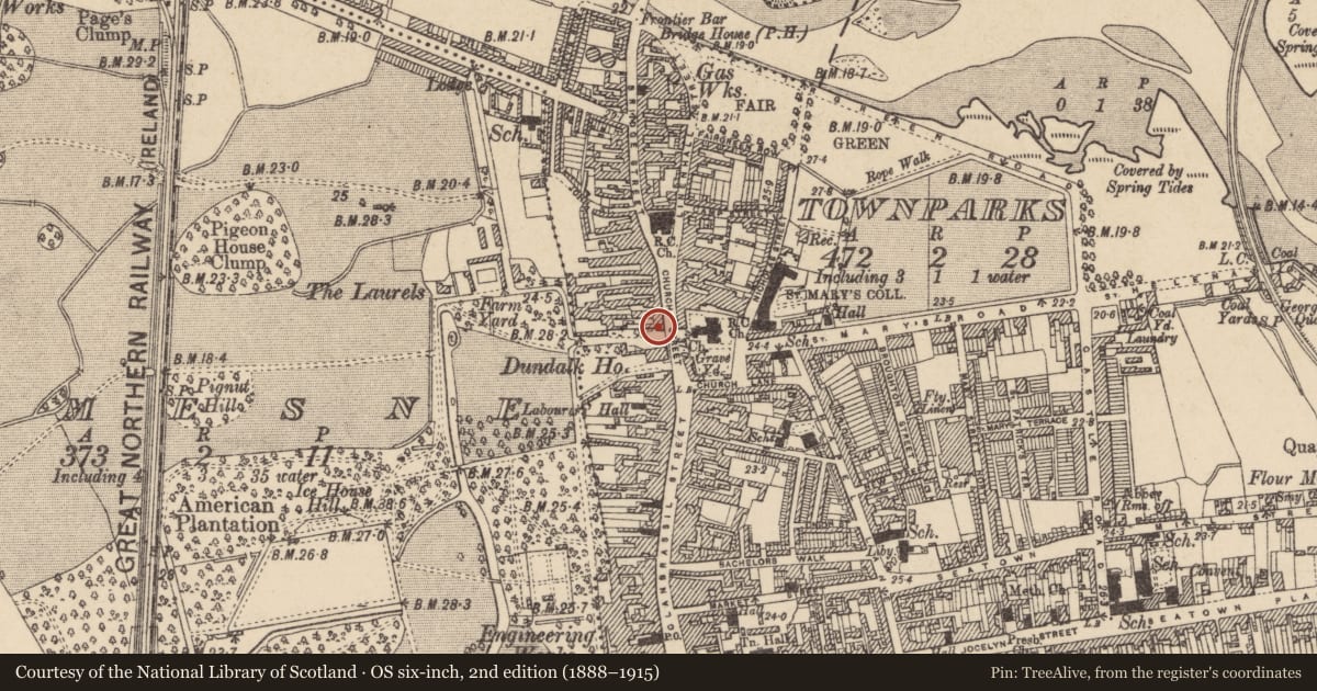 Ordnance Survey six-inch map, 2nd edition (1888–1915) covering the location of Castle - tower house, Townparks, County Louth, with a pin at the register's coordinates