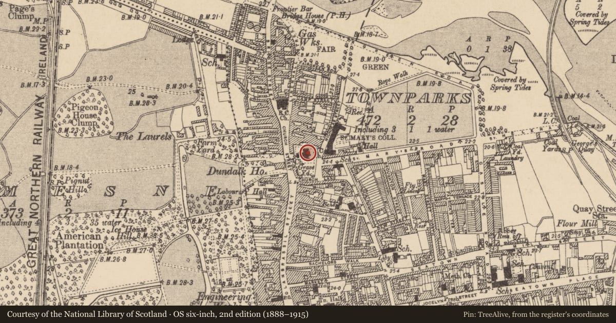 Ordnance Survey six-inch map, 2nd edition (1888–1915) covering the location of Church, Townparks, County Louth, with a pin at the register's coordinates