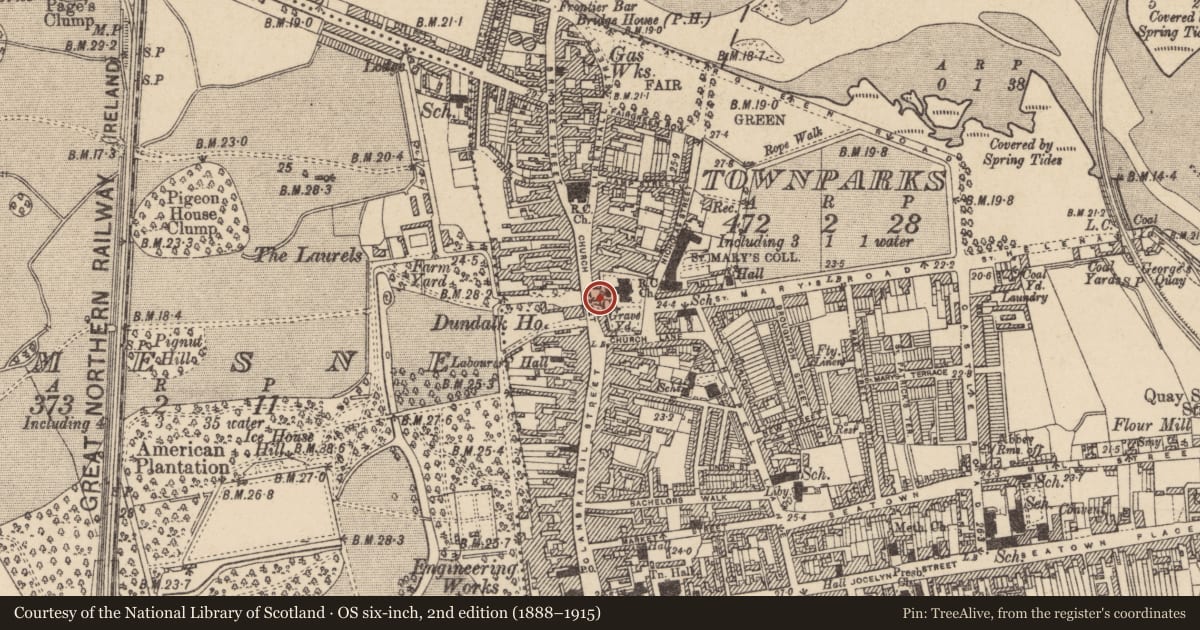 Ordnance Survey six-inch map, 2nd edition (1888–1915) covering the location of Castle - tower house, Townparks, County Louth, with a pin at the register's coordinates