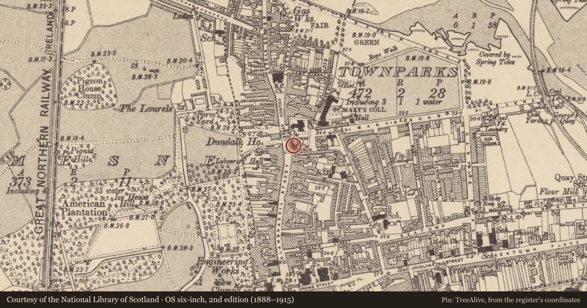 Ordnance Survey six-inch map, 2nd edition (1888–1915) covering the location of Market-house, Townparks, County Louth, with a pin at the register's coordinates