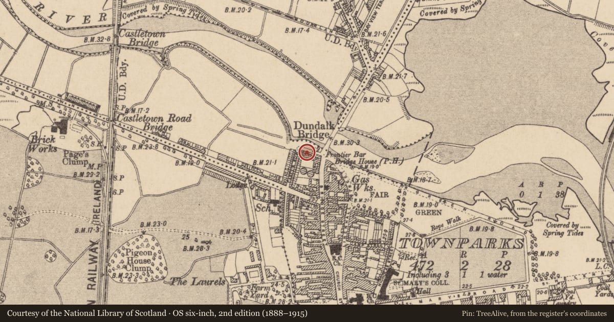 Ordnance Survey six-inch map, 2nd edition (1888–1915) covering the location of Town defences, Townparks, County Louth, with a pin at the register's coordinates
