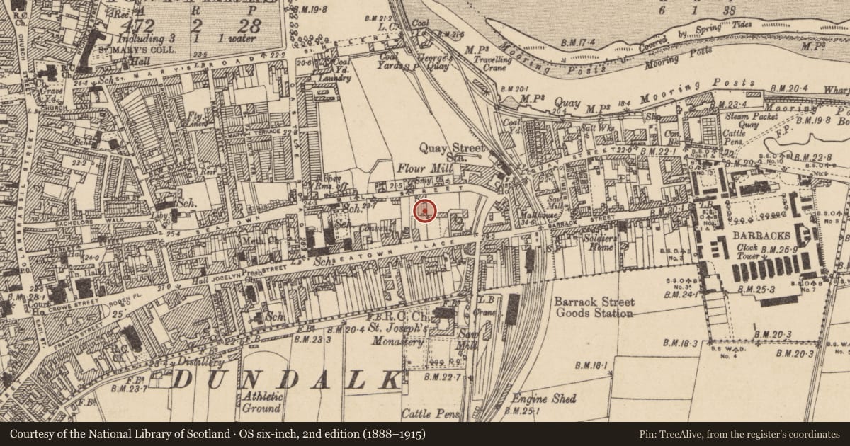 Ordnance Survey six-inch map, 2nd edition (1888–1915) covering the location of Kiln - lime, Townparks, County Louth, with a pin at the register's coordinates