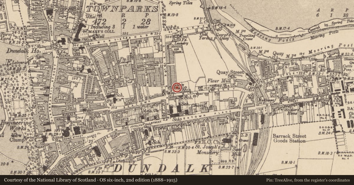 Ordnance Survey six-inch map, 2nd edition (1888–1915) covering the location of Burial, Townparks, County Louth, with a pin at the register's coordinates