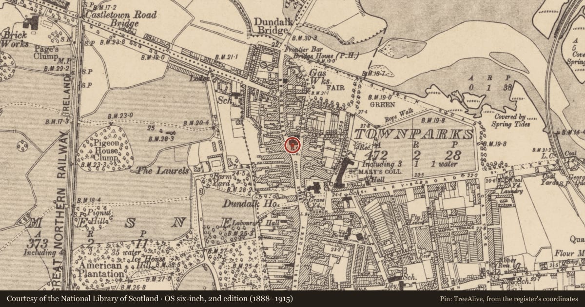 Ordnance Survey six-inch map, 2nd edition (1888–1915) covering the location of Font, Townparks, County Louth, with a pin at the register's coordinates