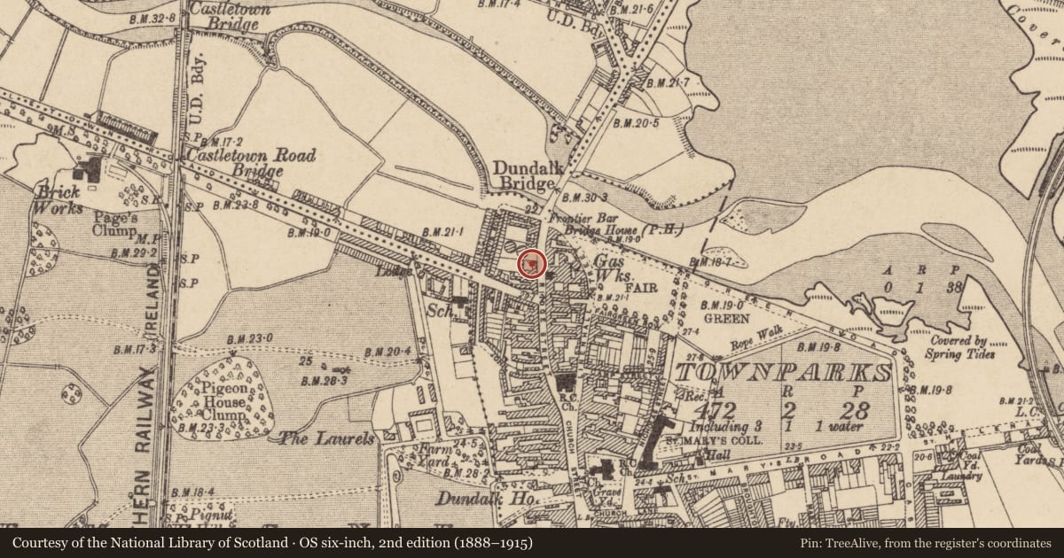 Ordnance Survey six-inch map, 2nd edition (1888–1915) covering the location of Excavation - miscellaneous, Townparks, County Louth, with a pin at the register's coordinates