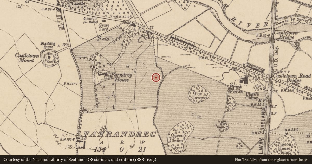 Ordnance Survey six-inch map, 2nd edition (1888–1915) covering the location of Fulacht fia, Farrandreg, County Louth, with a pin at the register's coordinates