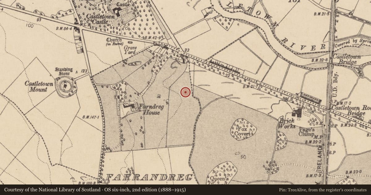 Ordnance Survey six-inch map, 2nd edition (1888–1915) covering the location of Fulacht fia, Farrandreg, County Louth, with a pin at the register's coordinates