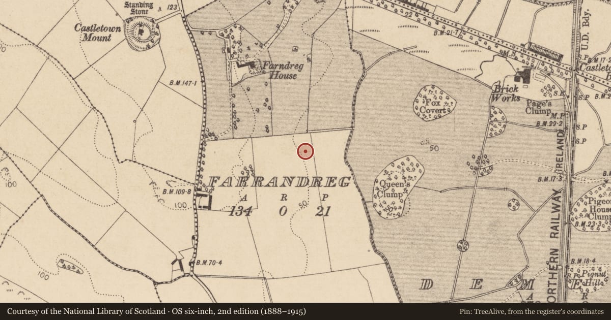 Ordnance Survey six-inch map, 2nd edition (1888–1915) covering the location of Habitation site, Farrandreg, County Louth, with a pin at the register's coordinates