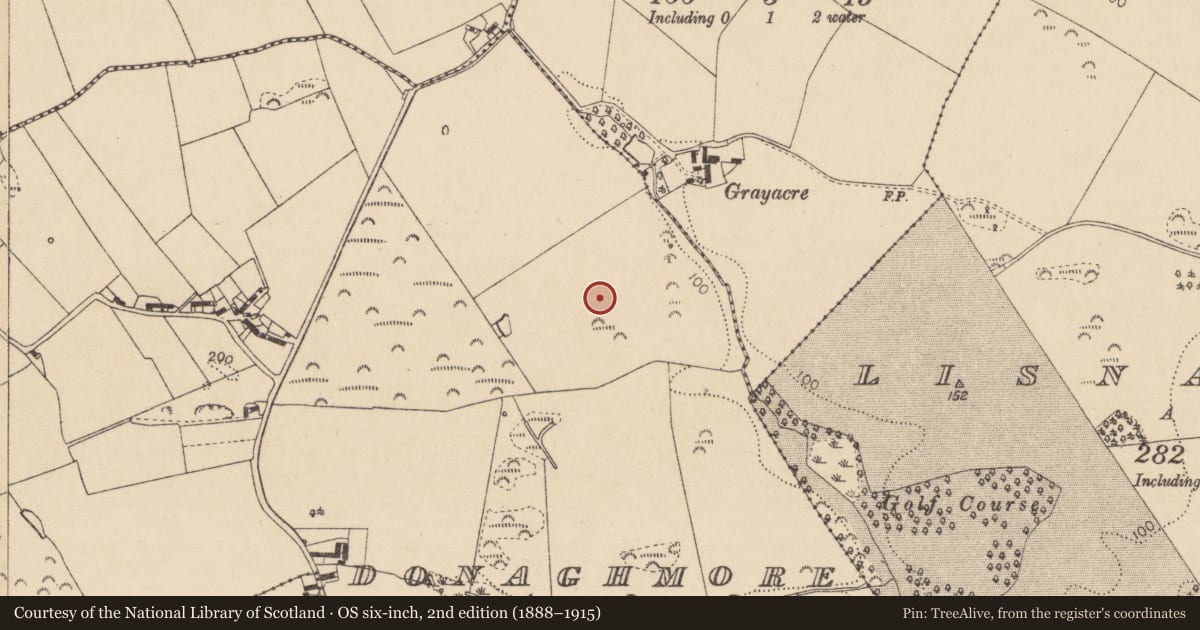 Ordnance Survey six-inch map, 2nd edition (1888–1915) covering the location of Habitation site, Donaghmore, County Louth, with a pin at the register's coordinates