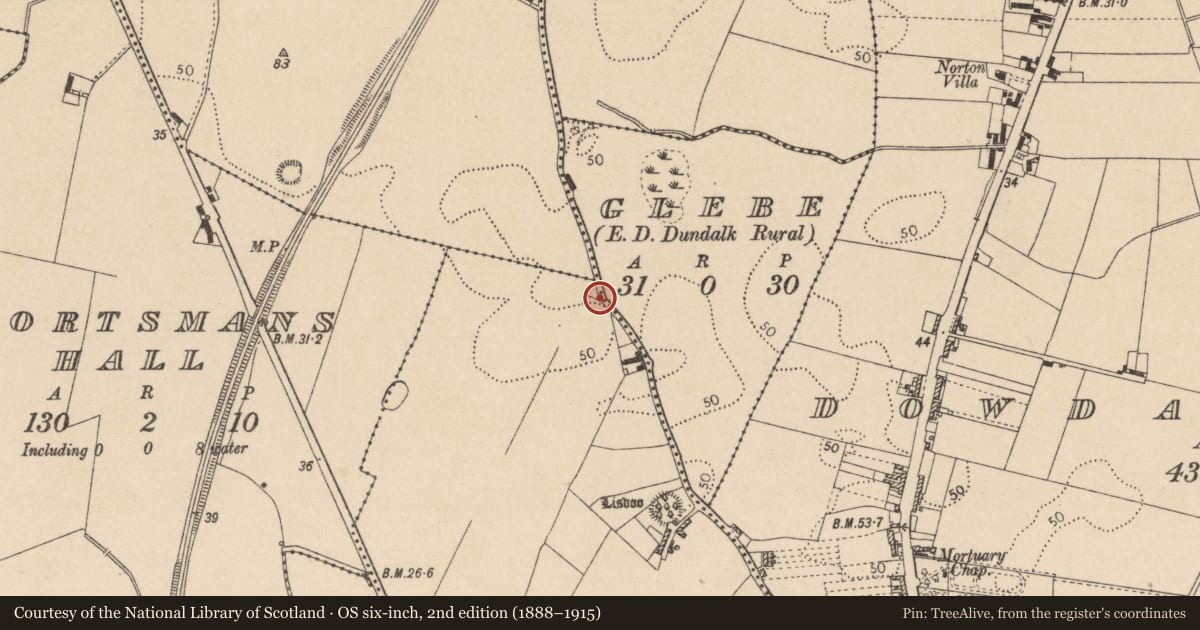 Ordnance Survey six-inch map, 2nd edition (1888–1915) covering the location of Burial ground, Lisdoo, County Louth, with a pin at the register's coordinates