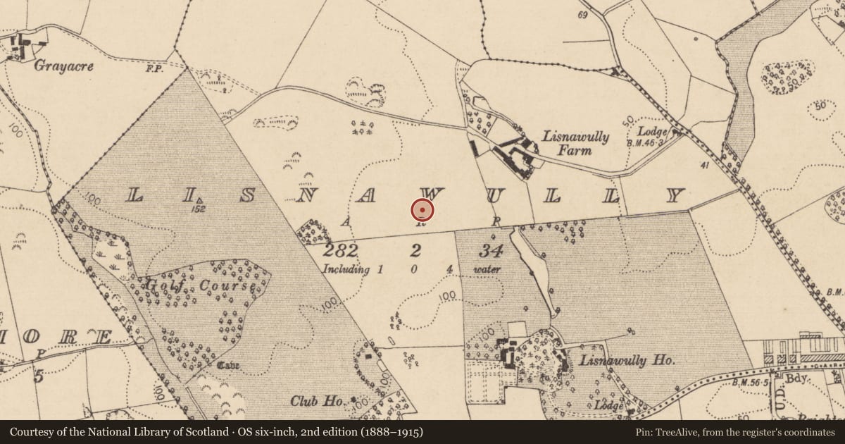 Ordnance Survey six-inch map, 2nd edition (1888–1915) covering the location of Ringfort - rath, Lisnawully, County Louth, with a pin at the register's coordinates